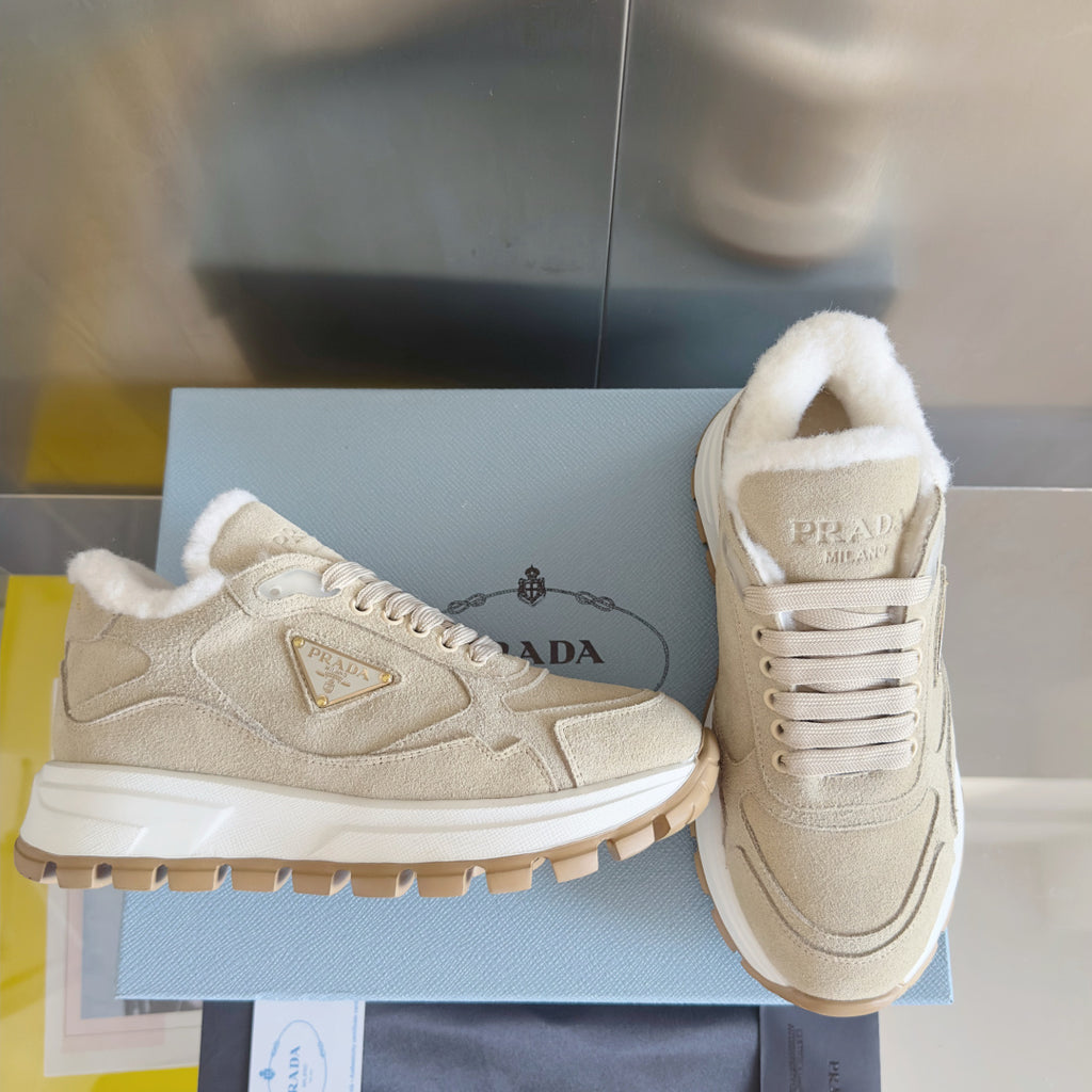 Prada unisex beige suede sneaker with faux-fur collar and lace-up