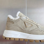 Prada unisex beige suede sneaker with gold logo patch, lace-up and faux-fur