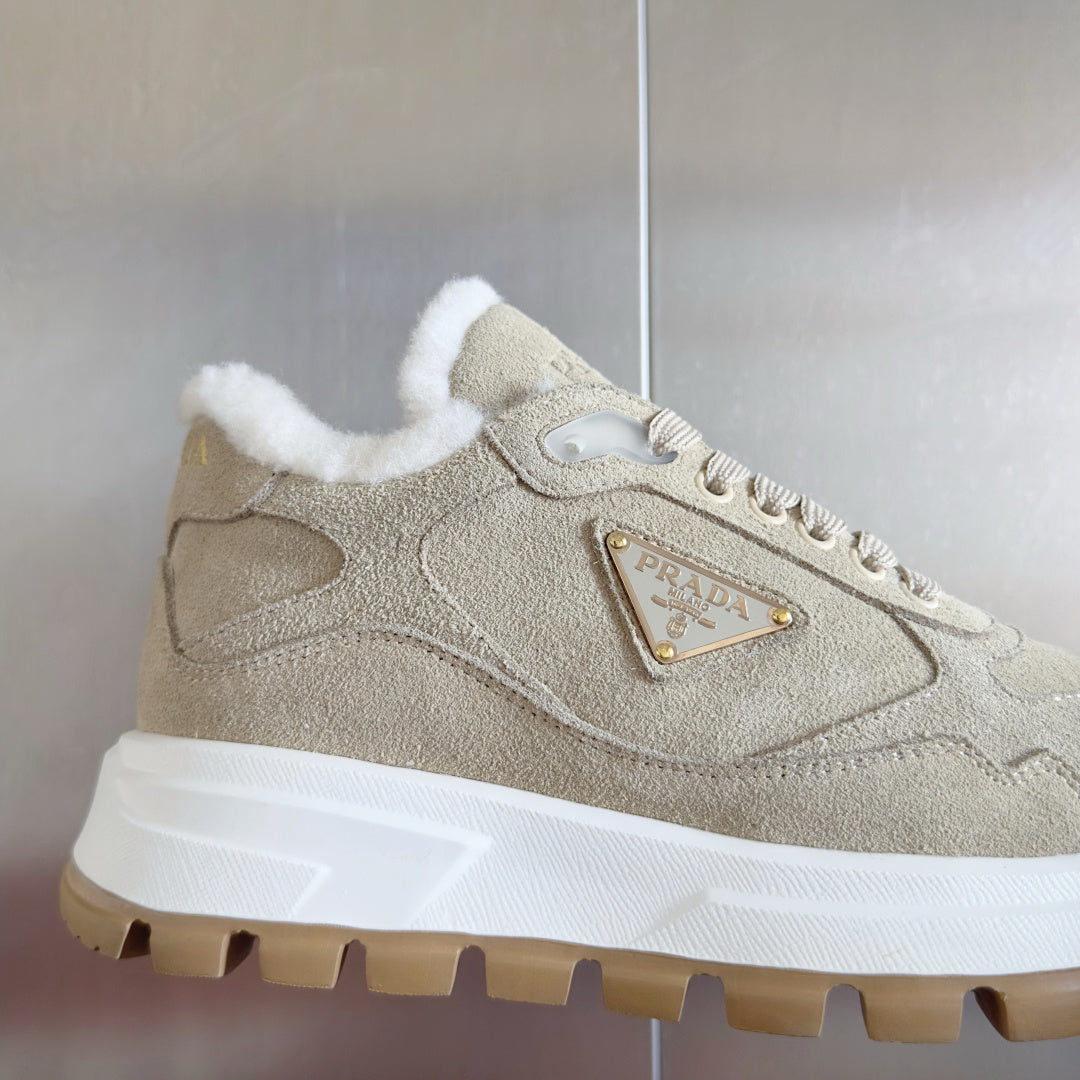 Prada unisex beige suede sneaker with gold logo patch, lace-up and faux-fur