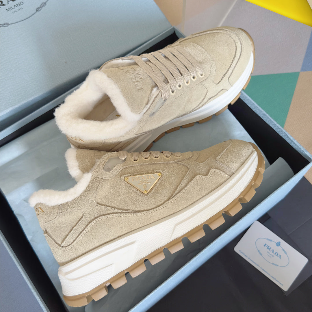 Prada unisex beige suede high-top sneaker with white faux-fur lining