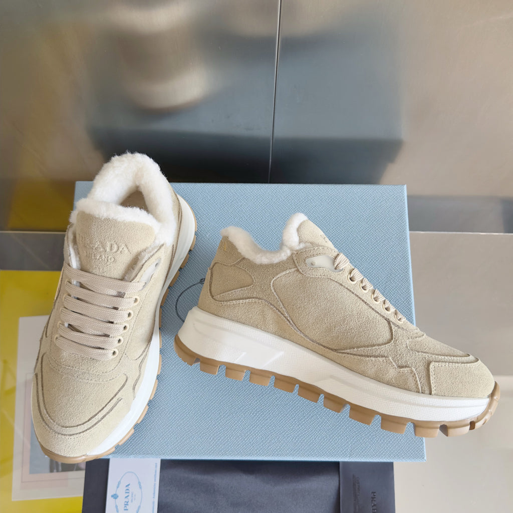Prada unisex beige suede sneaker with textured tread sole and lace-up