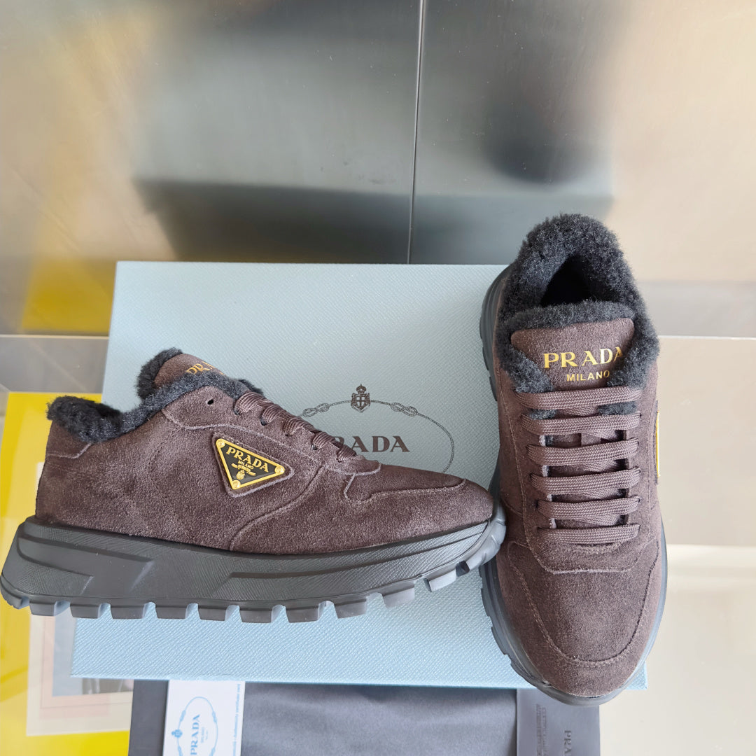 Prada suede sneakers with padded collar, lace-up detail, brown, side view