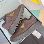 Prada suede sneakers with logo patch, lace-up, thick lug sole, brown, pair