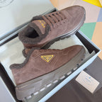 Prada suede sneakers with faux-fur collar, lace-up and logo patch, brown
