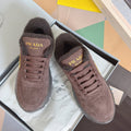 Prada suede sneakers with faux-fur lining, lace-up front, brown