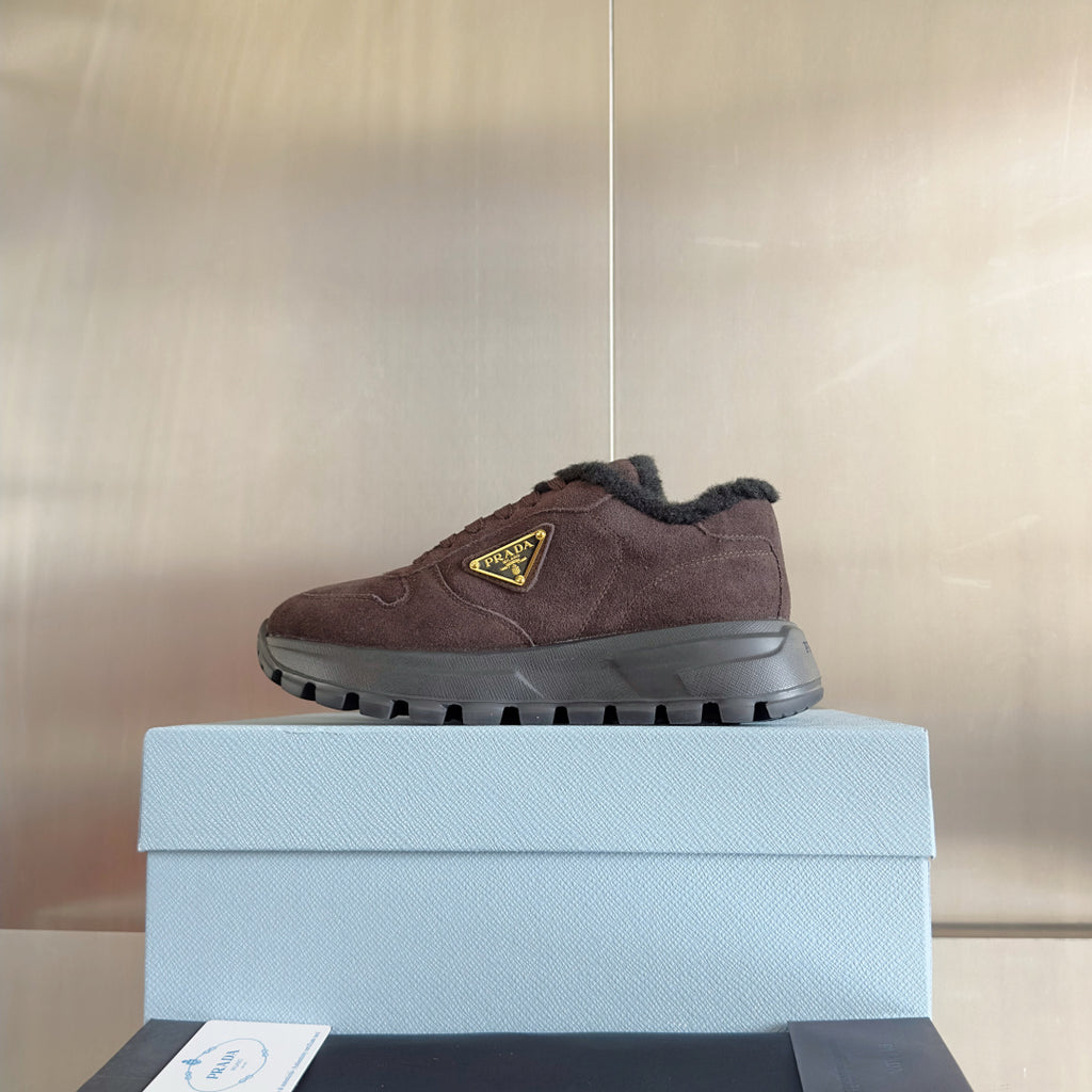 Prada suede sneakers with lace-up closure, faux-fur lining, brown, front view