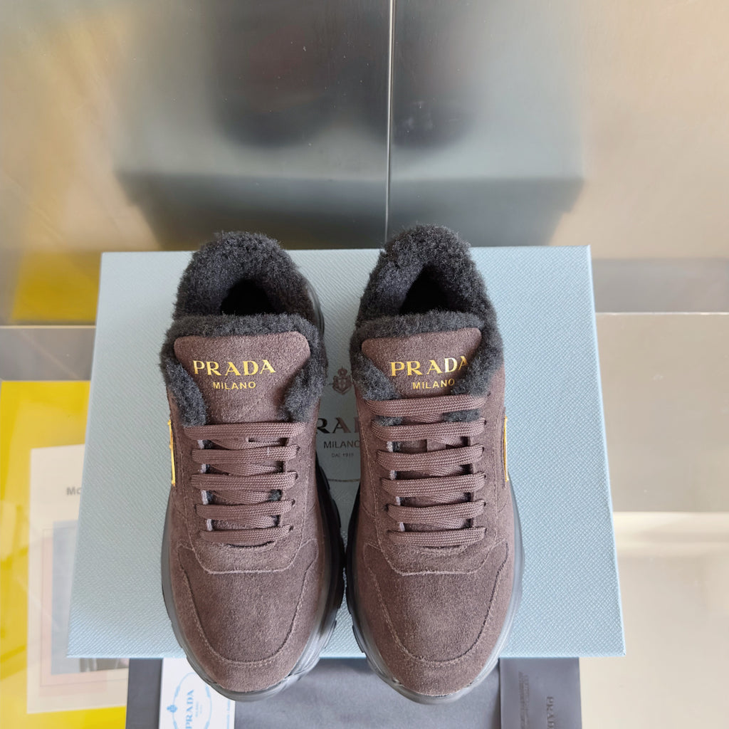 Prada suede sneakers with faux-fur lining and lace-up, brown, front pair view