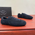 Navy suede Prada unisex sneakers, lace-up front with side logo detailing