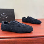 Navy suede Prada unisex sneakers, lace-up front with side logo detailing