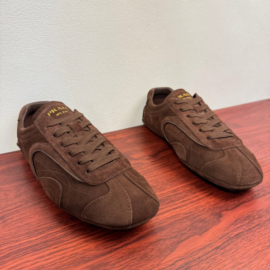 Brown suede lace-up sneakers, PRADA logo on tongue and side