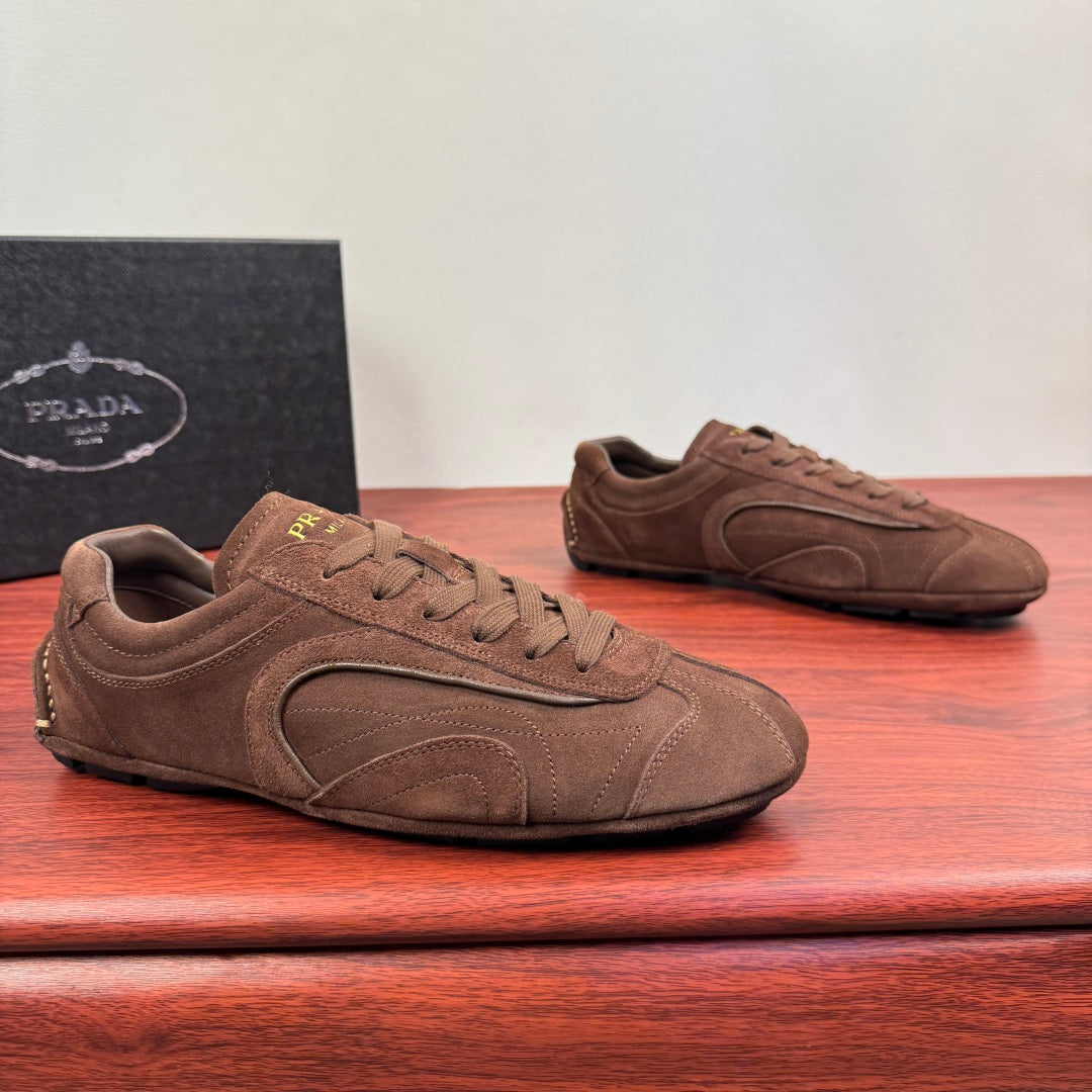 Brown suede lace-up sneakers with side logo detailing