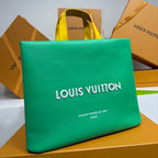 Louis Vuitton green tote bag with front logo and Maison founded Paris text