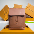 Men’s Louis Vuitton leather backpack with flap top, front zipper, and adjustable strap tabs