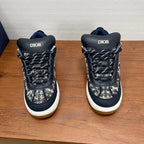 Navy Dior lace-up sneakers with silver tweed panels and white platform sole