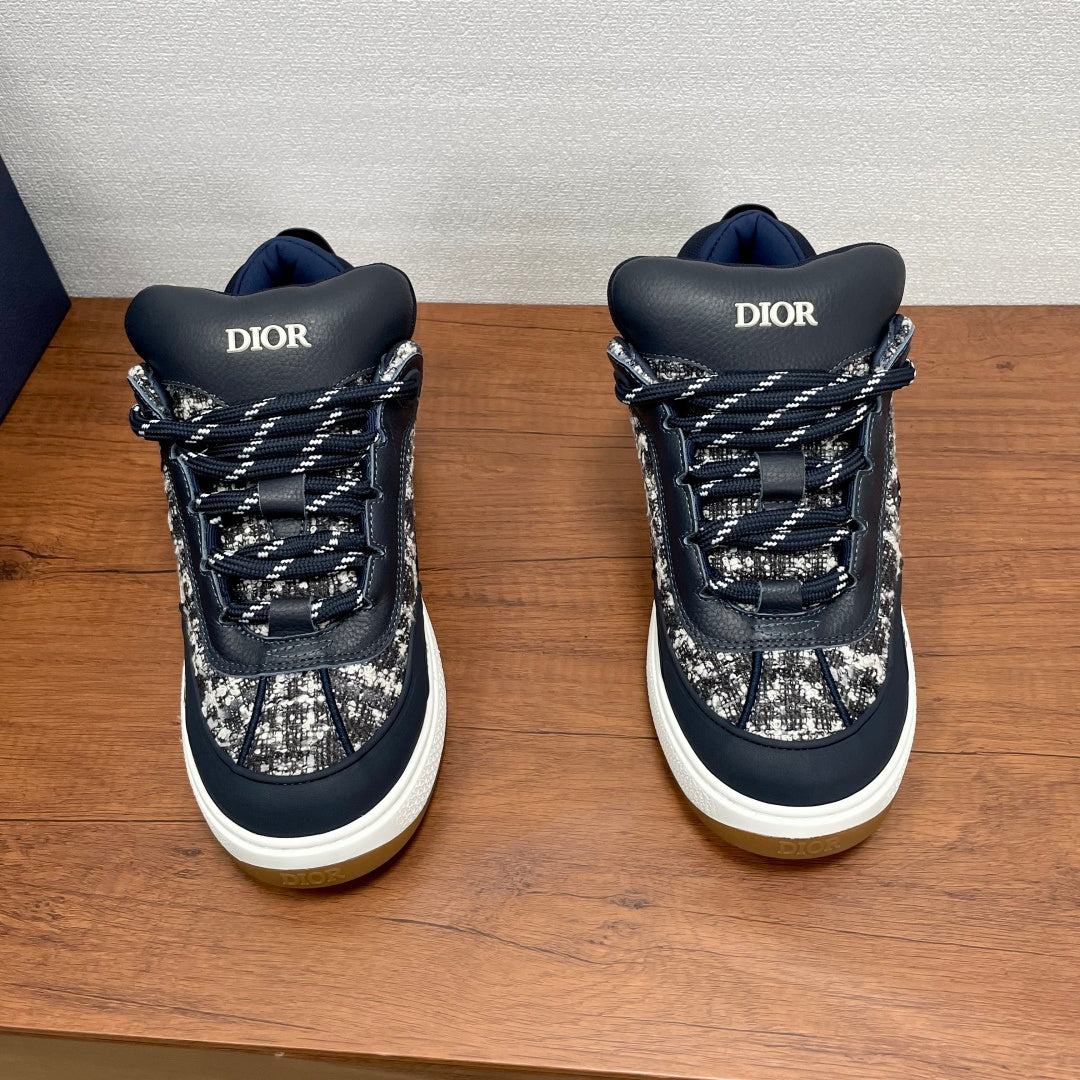 Navy Dior lace-up sneakers with silver tweed panels and white platform sole