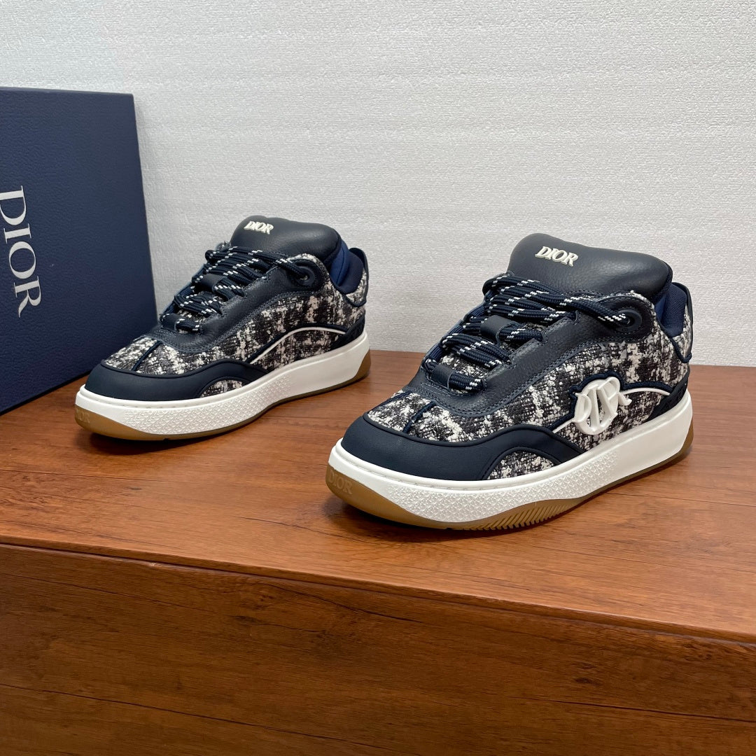 Unisex low-top sneakers, navy with silver-speckled panels, white rubber sole, lace-up