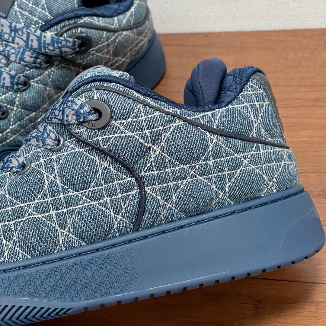 Unisex Dior sneakers, blue denim upper with laces and dark blue rubber toe cap
