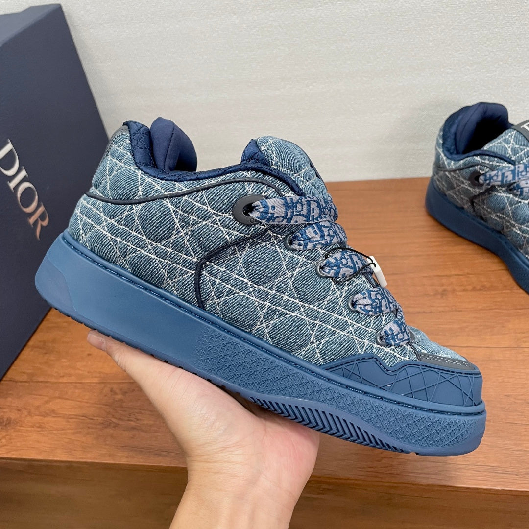Dior unisex denim-pattern low-top sneakers, blue lace-up with stitched side panels
