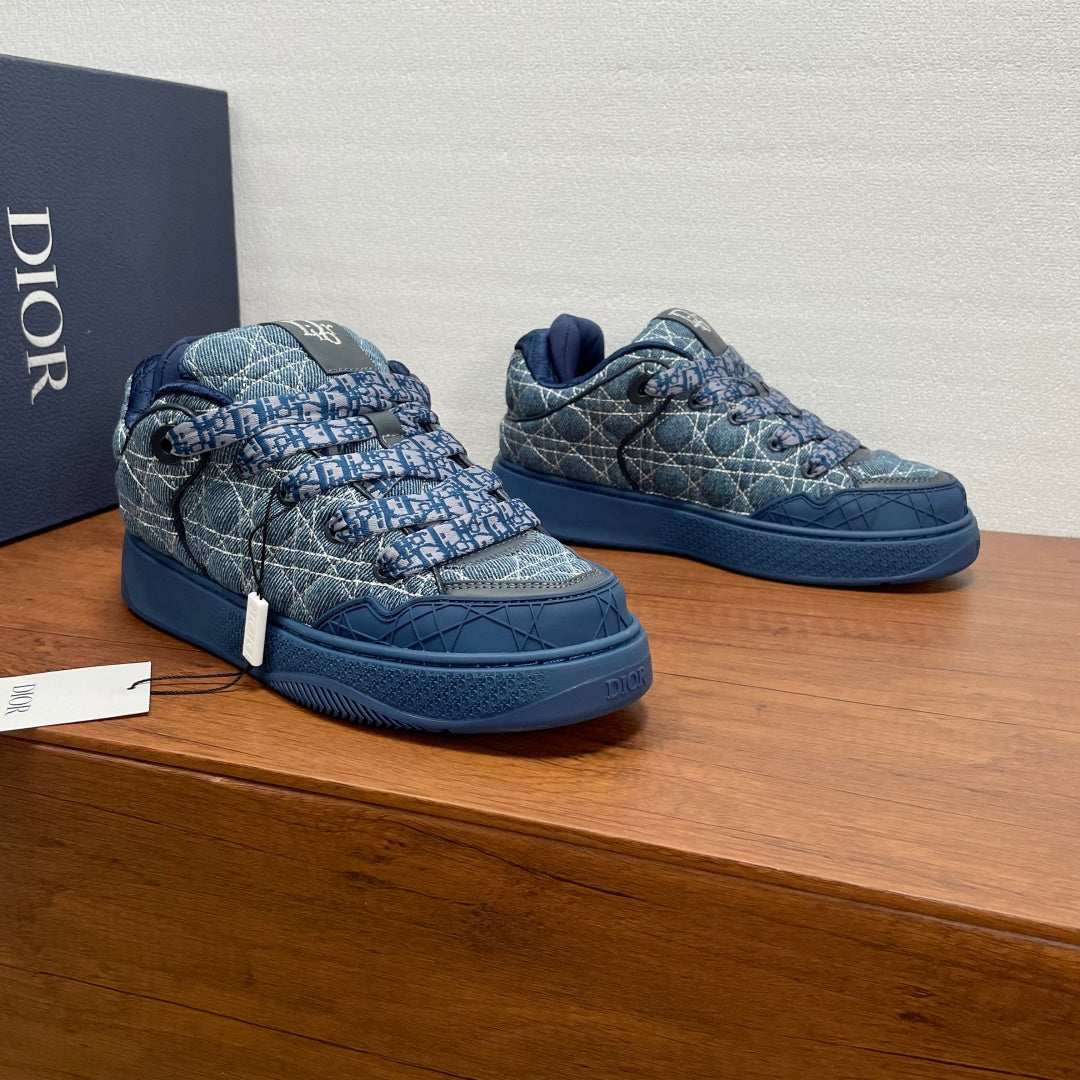 Dior unisex denim-pattern lace-up sneakers, blue uppers with flat rubber sole