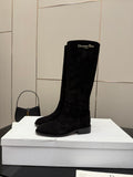 Knee-high suede boots, black, mid block heel, rounded toe, pull-on style