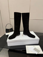 Knee-high suede boots, black, low block heel, pull-on shaft with slight seam lines