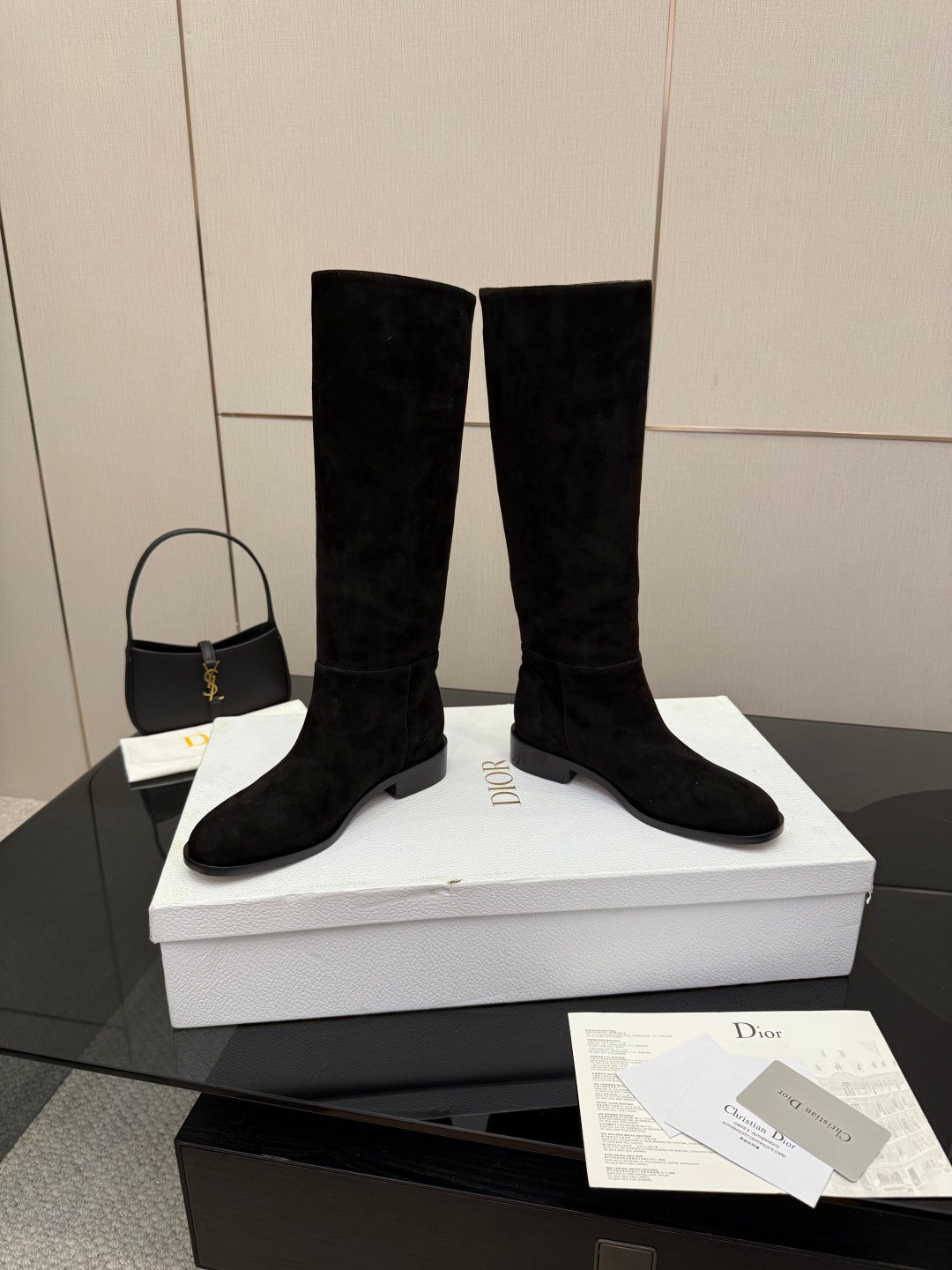 Knee-high suede boots, black, low block heel, pull-on shaft with slight seam lines