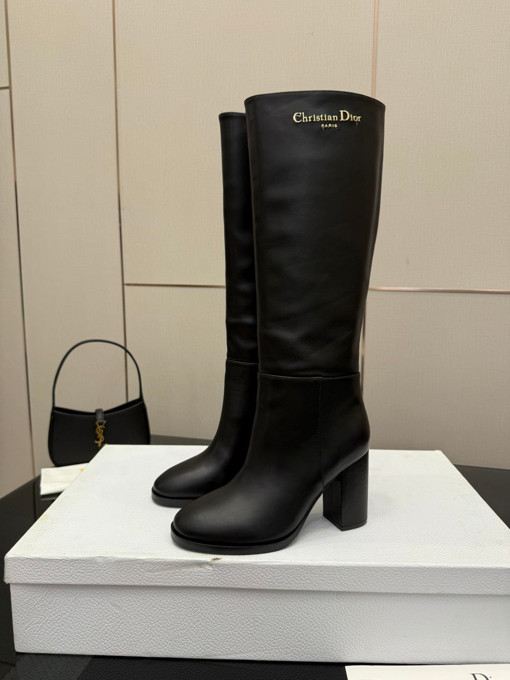 Black knee-high leather boots, chunky heel, pull-on, Dior logo on shaft