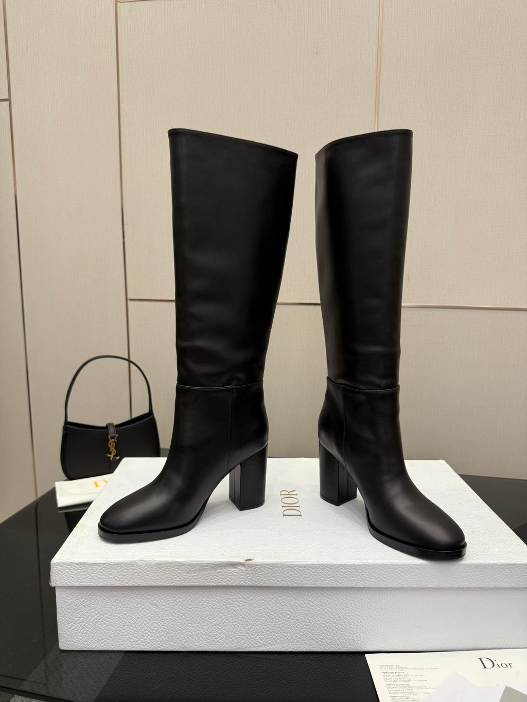 Black knee-high leather boots with block heel, pull-on shaft, Dior logo