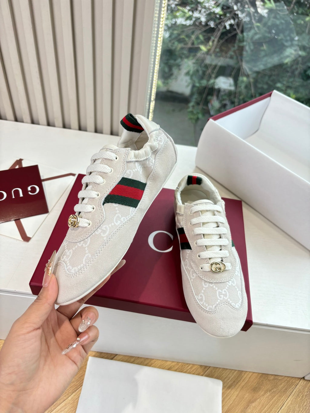Gucci low-top sneakers, white GG canvas with green-red side stripe and gold logo