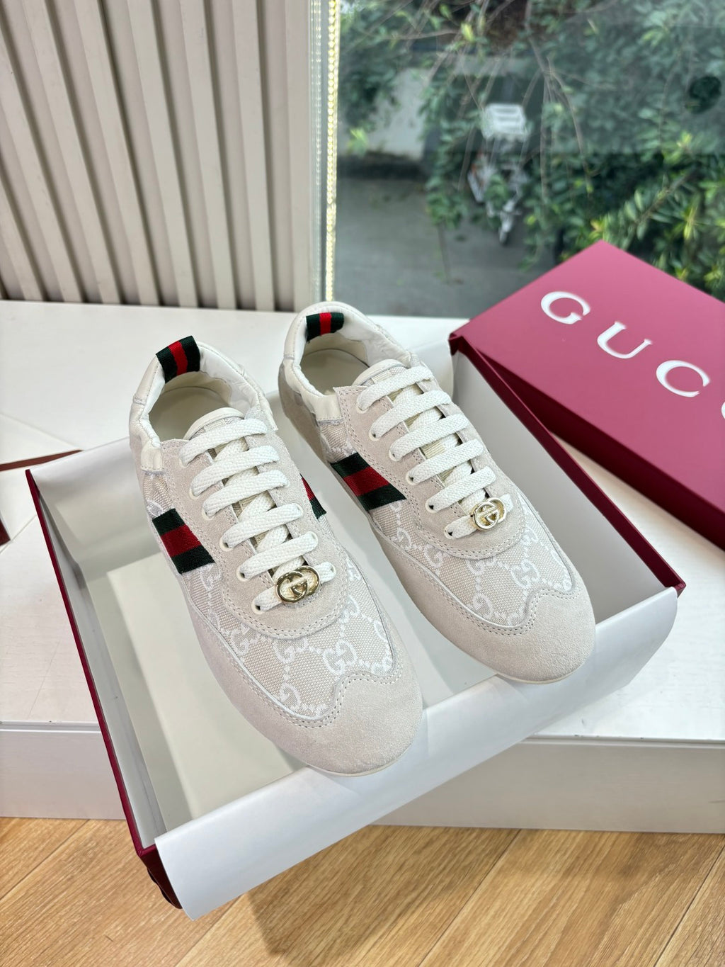 Gucci low-top sneakers, white canvas with GG pattern and green-red web stripe