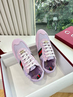 Lilac Gucci ladies sneakers, side stripe with green and red accents, gold emblem