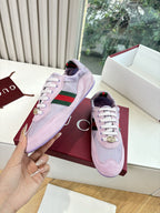 Lilac Gucci ladies sneakers with green-red side stripe, white laces, gold hardware