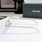 Silver round eyeglasses with clear temple arms and small logo details