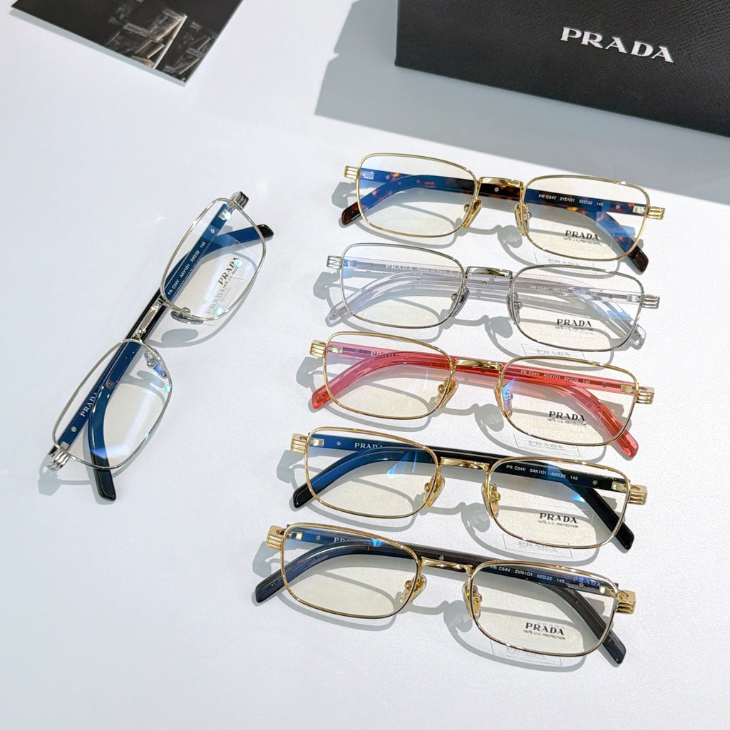 Set of rectangular eyeglasses with blue, red, and clear frames