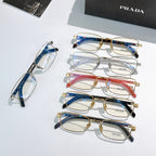 Set of rectangular eyeglasses with blue, red, and clear frames