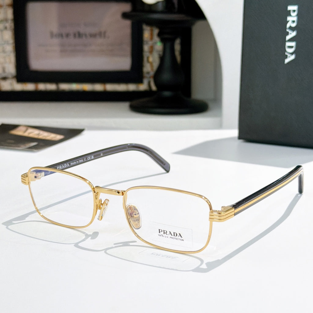 Rectangular eyeglasses with gold metal frame and gray striped temples