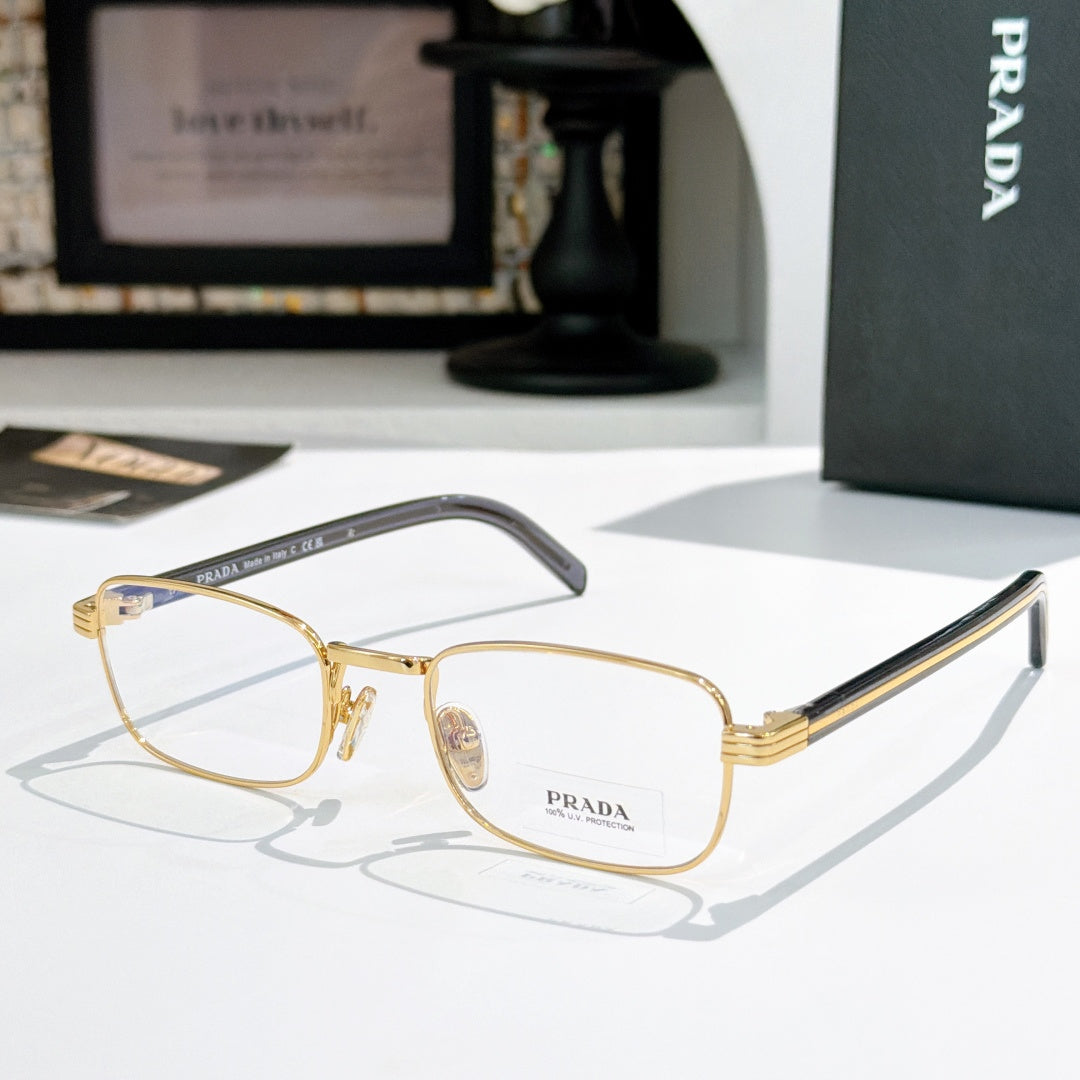 Rectangular eyeglasses with gold metal frame and gray striped temples