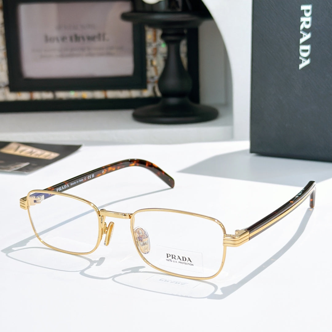 Rectangular eyeglasses with gold metal frame and patterned tortoiseshell temples