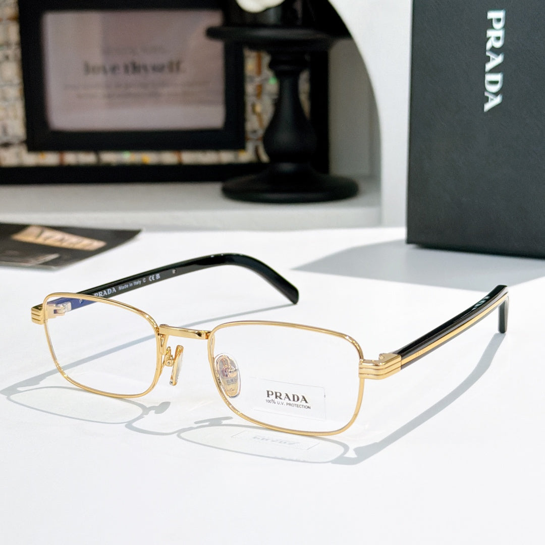 Rectangular eyeglasses with gold metal frame and black striped temples