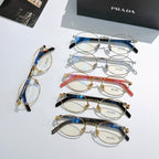 Prada eyeglasses assortment with multiple round frames in gold and colored temples