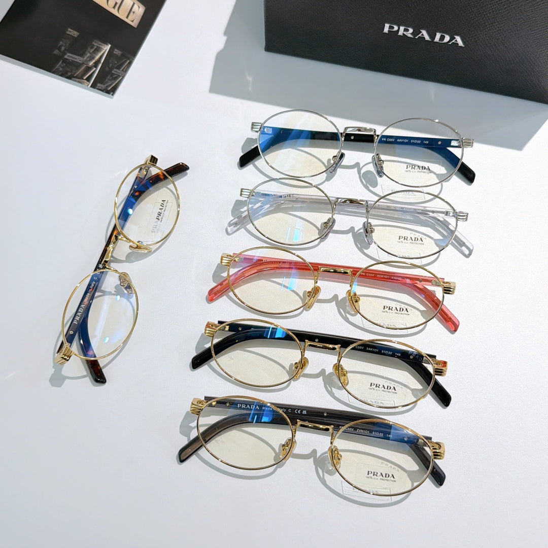 Prada eyeglasses assortment with multiple round frames in gold and colored temples