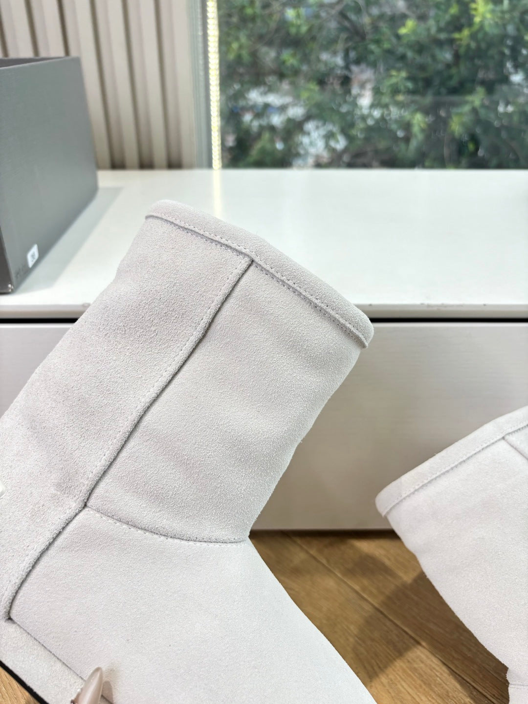 Balenciaga ladies luxury ankle boots, light white suede upper with stitched seam detail
