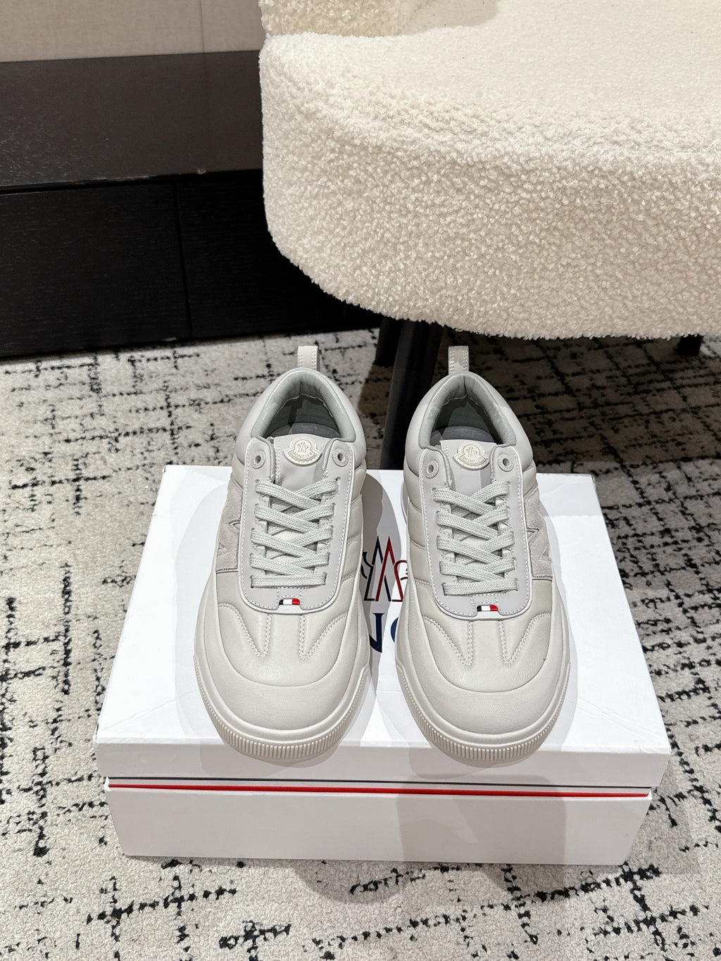 White low-top sneakers with lace-up front, Moncler logo detail