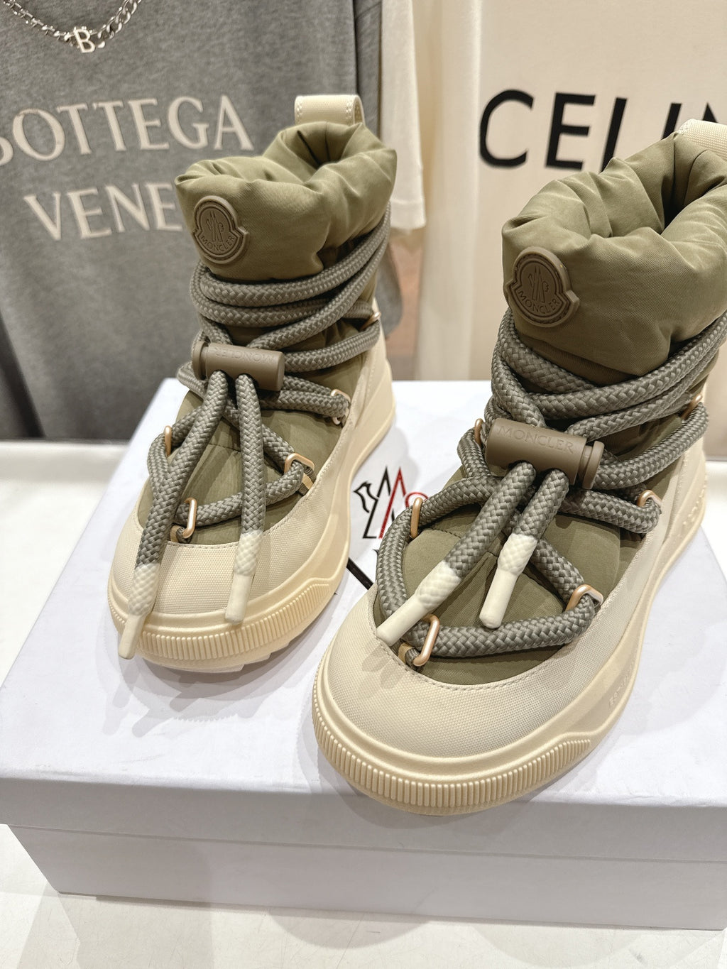 Moncler lace-up sneakers, beige uppers with olive laces, low-profile chunky sole