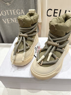 Moncler lace-up sneakers, beige uppers with olive laces, low-profile chunky sole