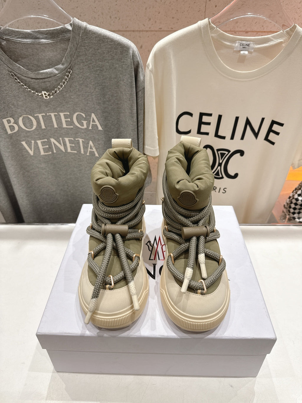 Moncler high-top sneakers, beige leather with olive green laces and chunky sole