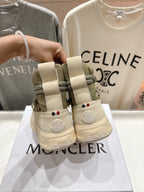 Moncler sneakers from back, beige uppers with olive laces and heel loop straps