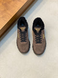 Prada unisex sneakers in brown suede with black faux-fur trim and lace-up front
