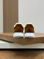 Brown suede sneakers with shearling lining and white heel tabs, Prada