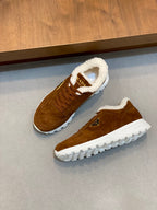 Pair of brown suede lace-up sneakers with shearling lining and white sole, Prada